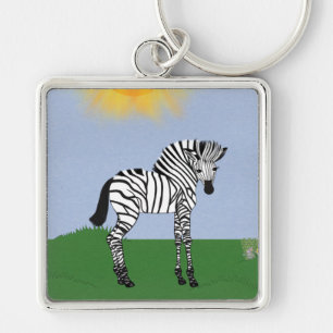 Baby Zebra in Field Cartoon Art Key Ring