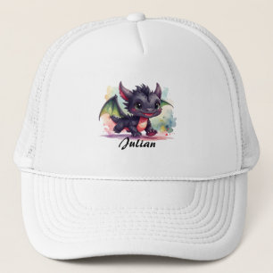 Babydrache rennt freudig, wasserfarben trucker hat