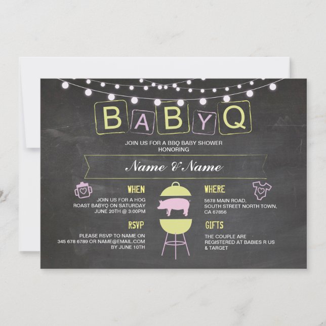 BABYQ Baby Shower Pink Chalk Hog Roast Invite (Front)