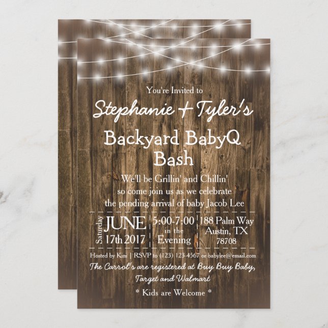BabyQ Backyard BBQ Bash Wood Rustic Baby Shower Invitation (Front/Back)