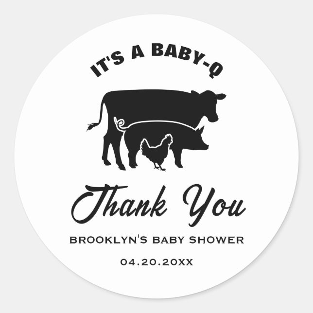 BabyQ BBQ Baby Shower Cow Pig Chicken Black White Classic Round Sticker (Front)