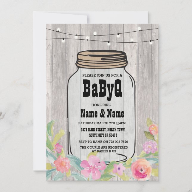 BaByQ BBQ Baby Shower Jar Pink Floral Wood Invite (Front)