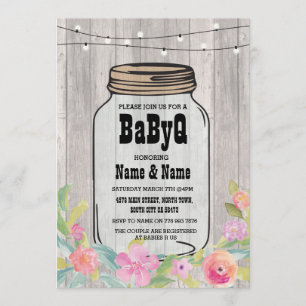 BaByQ BBQ Baby Shower Jar Pink Floral Wood Invite