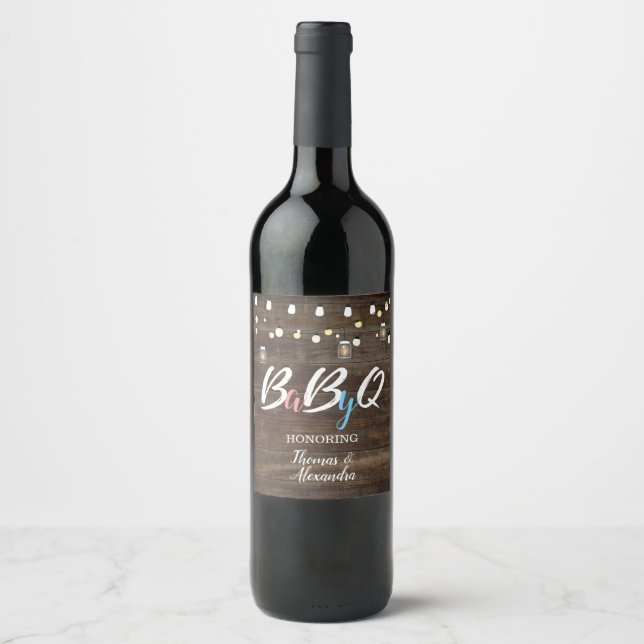 BabyQ BBQ Baby Shower Wine Bottle Label Wood (Front)