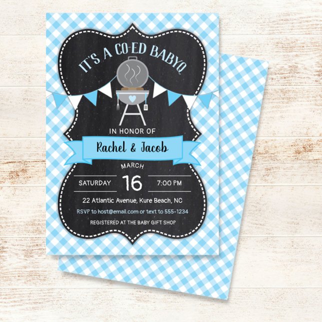 BABYQ Blue Gingham Chalkboard Boy Baby Shower Invitation (Creator Uploaded)