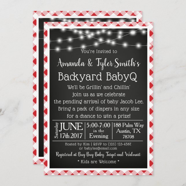 BabyQ Chalkboard Red Gingham Picnic Baby Shower Invitation (Front/Back)