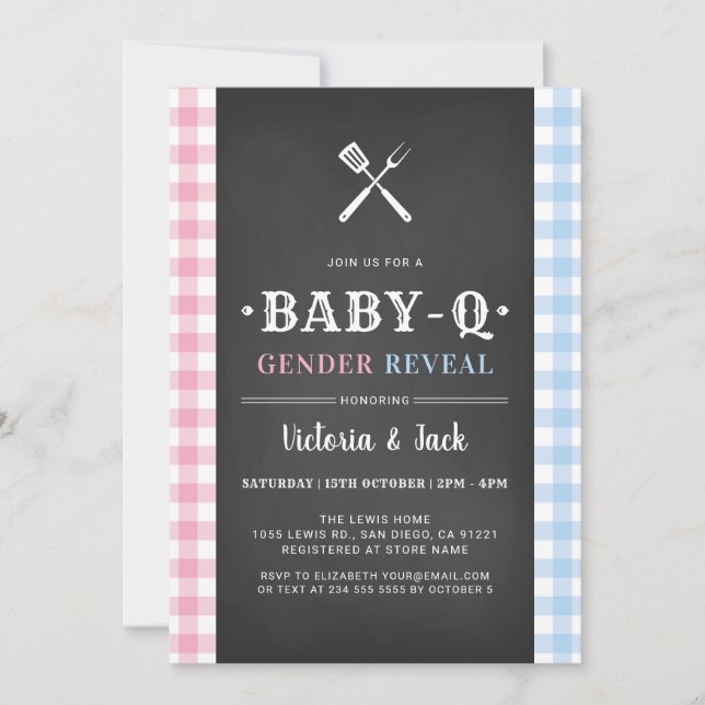 BabyQ Gender Reveal Gingham BBQ Black Invitation (Front)