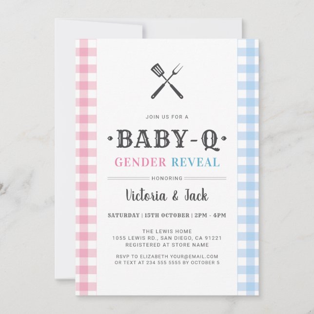 BabyQ Gender Reveal Gingham BBQ Invitation (Front)