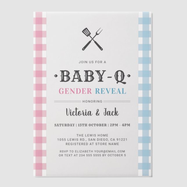 BabyQ Gender Reveal Gingham BBQ Vellum Invitations (Front)