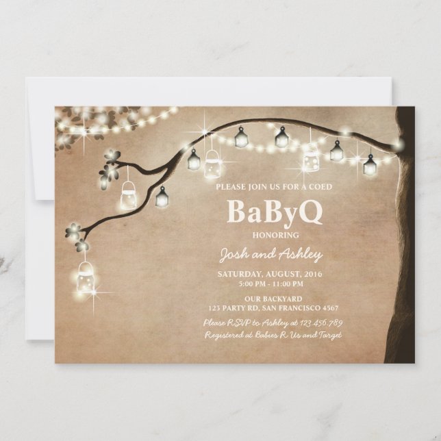 BabyQ invitation Coed BBQ Shower Rustic Lights (Front)