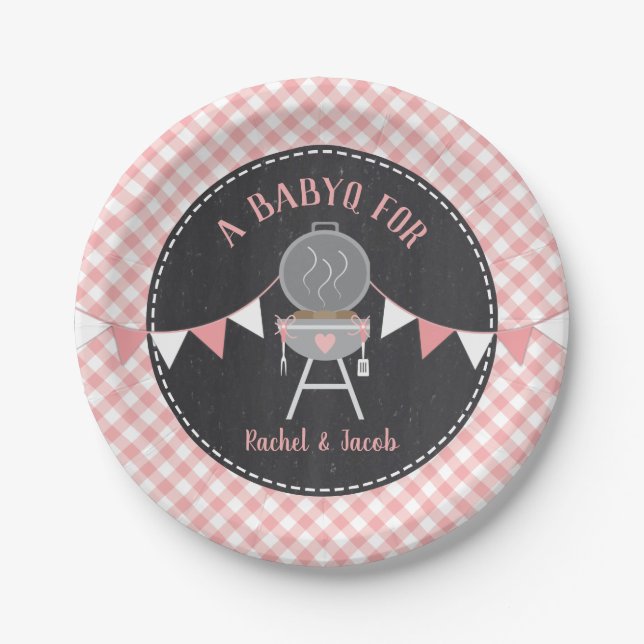 BABYQ Pink Gingham Chalkboard Girl Baby Shower Paper Plate (Front)