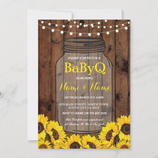 BaByQ Sunflower BBQ Baby Shower Jar Wood Invite (Front)