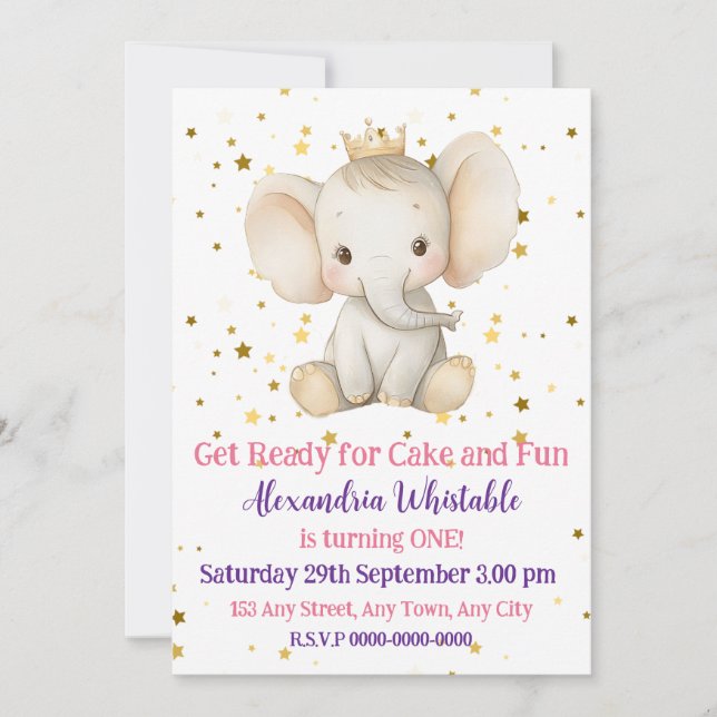 Baby's 1st birthday personalised princess elephant invitation (Front)