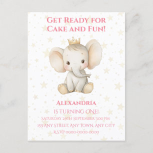Baby's 1st birthday personalised princess elephant postcard