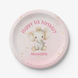 Baby's 1st birthday personalized princess elephant paper plate
