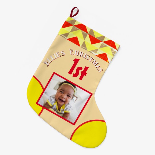 Baby's 1st Christmas 1 Photo Geometric Yellow Red Large Christmas Stocking (Front (Hanging))