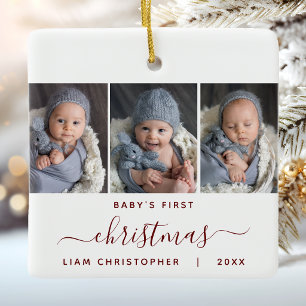 Baby's 1st Christmas 3 Photo Burgundy Red Script Ceramic Ornament