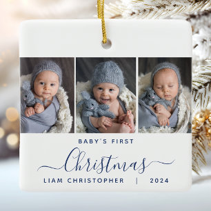 Baby's 1st Christmas 3 Photo Navy Blue Script Ceramic Ornament