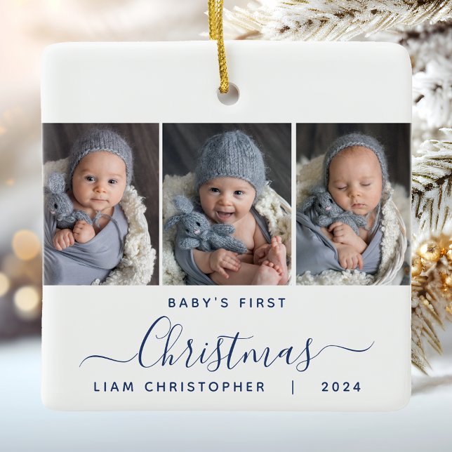 Baby's 1st Christmas 3 Photo Navy Blue Script Ceramic Ornament (Creator Uploaded)
