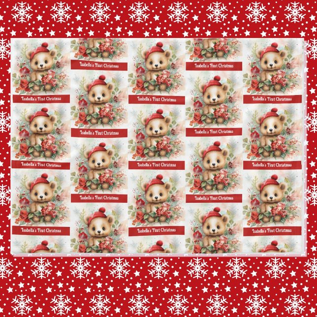 Baby's 1st Christmas Bear Add Name Fleece Blanket (Creator Uploaded)