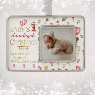 Baby's 1st Christmas Birth Stats Keepsake   Silver Plated Framed Ornament