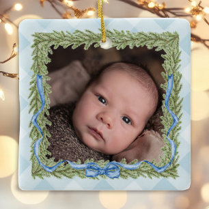 Baby's 1st Christmas blue gingham photo Ceramic Ornament