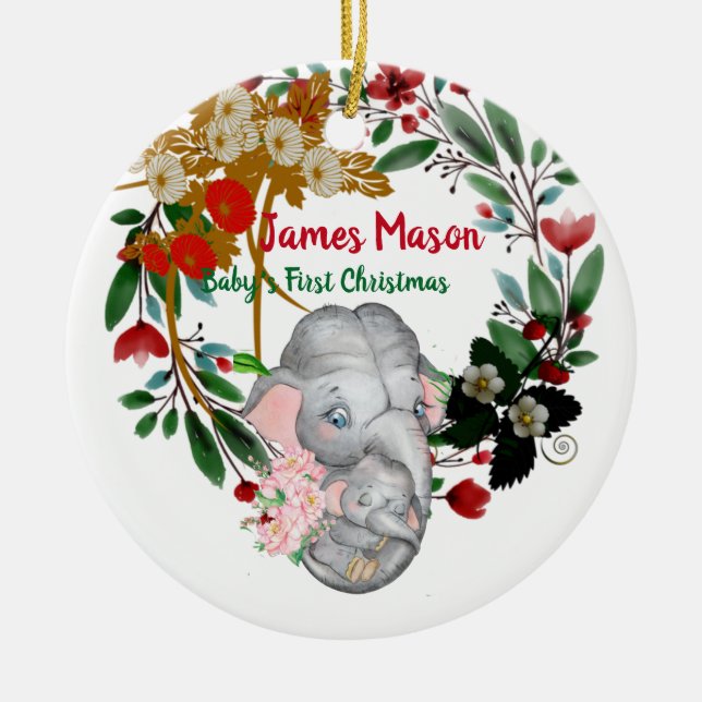 Babys 1st Christmas Botanical Green Wreath Floral Ceramic Tree Decoration (Front)