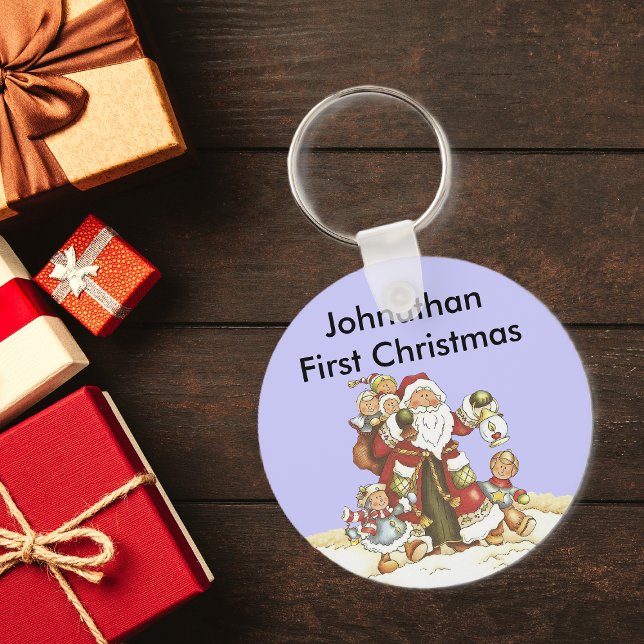 Baby's 1st Christmas Cute Santa Kids Key Ring (Santa with group little children in snow on baby's first Christmas blue keychain.)