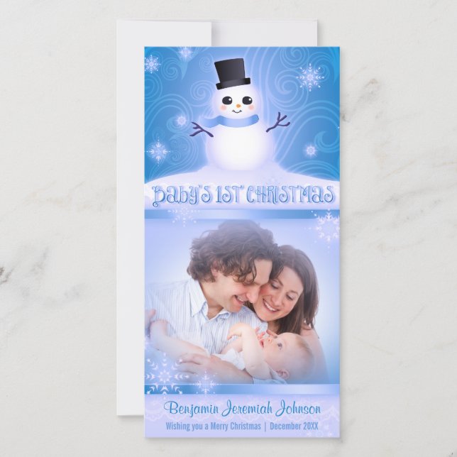 Baby's 1st Christmas Cute Snowman Blue Holiday Card (Front)