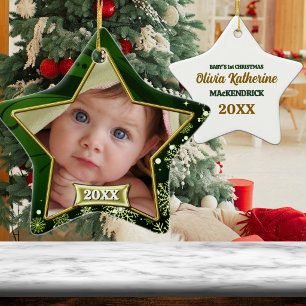 Baby's 1st Christmas Green and Gold Photo Frame Ceramic Tree Decoration