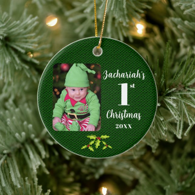 Baby's 1st Christmas Green Faux Fabric Round Ceramic Tree Decoration (Tree)