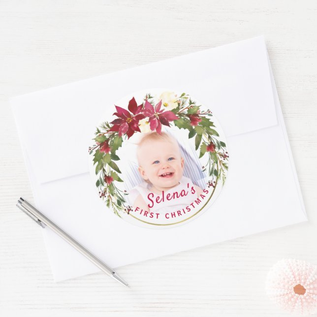 Baby's 1st Christmas Holly Wreath Photo Keepsake Classic Round Sticker (Envelope)
