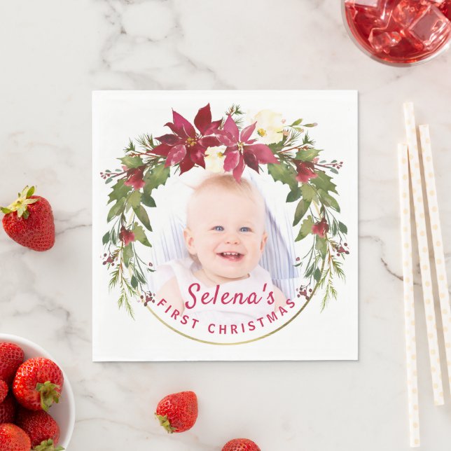 Baby's 1st Christmas Holly Wreath Photo Keepsake Napkin (Insitu)