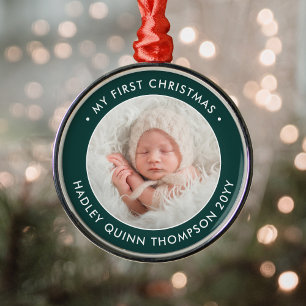 Baby's 1st Christmas Modern Photo Green and White Metal Tree Decoration