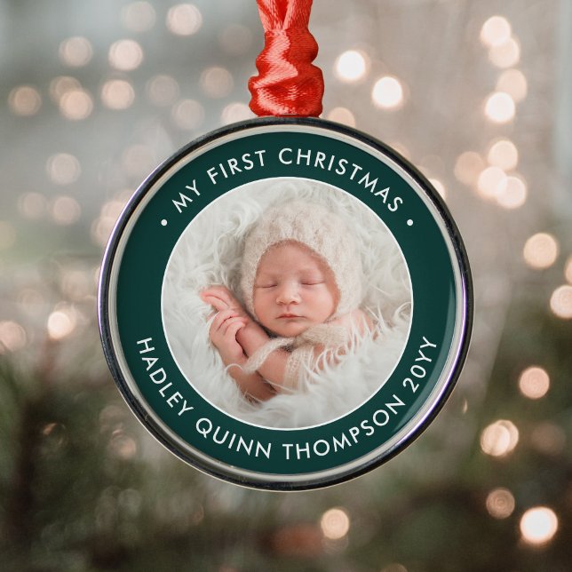 Baby's 1st Christmas Modern Photo Green and White Metal Tree Decoration (Creator Uploaded)