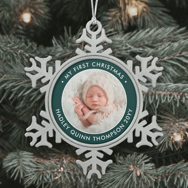 Baby's 1st Christmas Modern Photo Green and White Snowflake Pewter Christmas Ornament (Creator Uploaded)