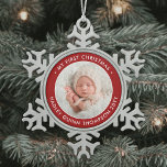 Baby's 1st Christmas Modern Photo Red and White Snowflake Pewter Christmas Ornament<br><div class="desc">Celebrate a simple joys of the holiday season with a festive red and white custom photo round metal snowflake Christmas ornament. Gender neutral design is suitable for either a new baby boy or girl. Wording and picture on this template are simple to personalise. "My First Christmas" quote is easy to...</div>