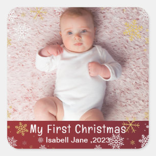 Baby's 1st Christmas Modern Photo White Snowflakes Square Sticker