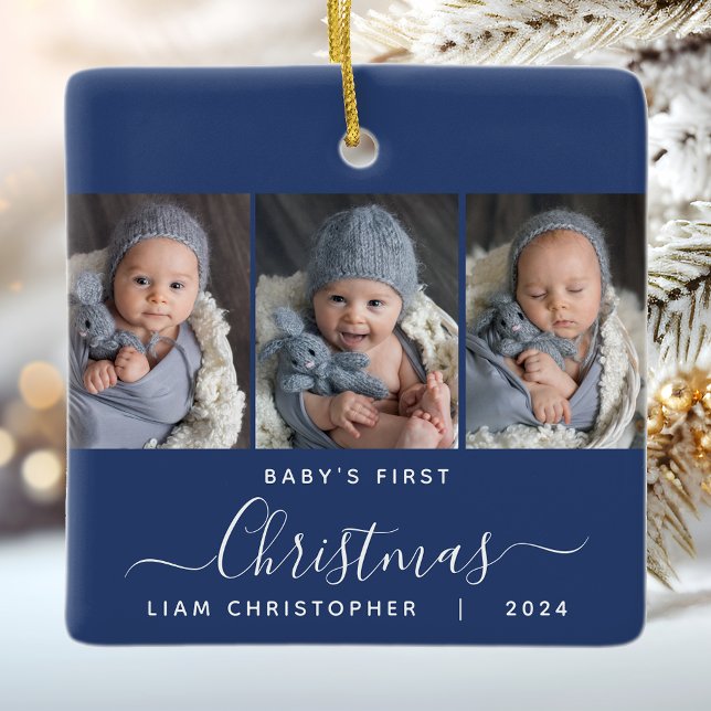 Baby's 1st Christmas Navy Blue 3 Photo Script Ceramic Ornament (Creator Uploaded)