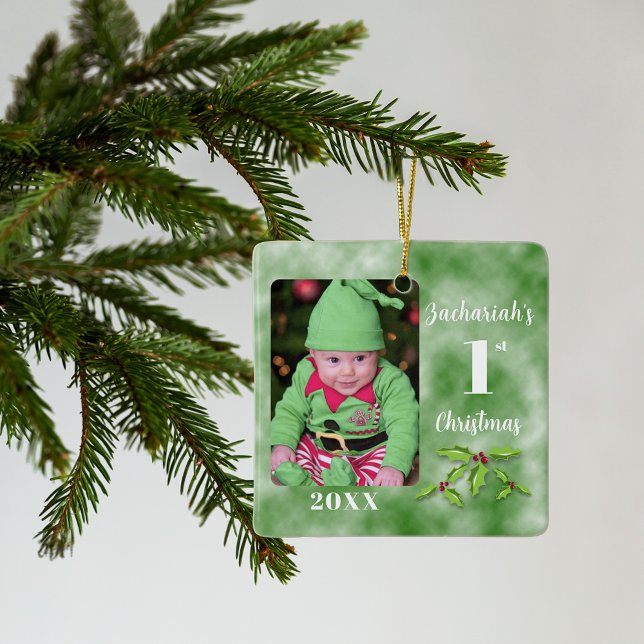 Baby's 1st Christmas One Photo Square Ceramic Ornament (Baby's 1st Christmas One Photo Square Ceramic Ornament)