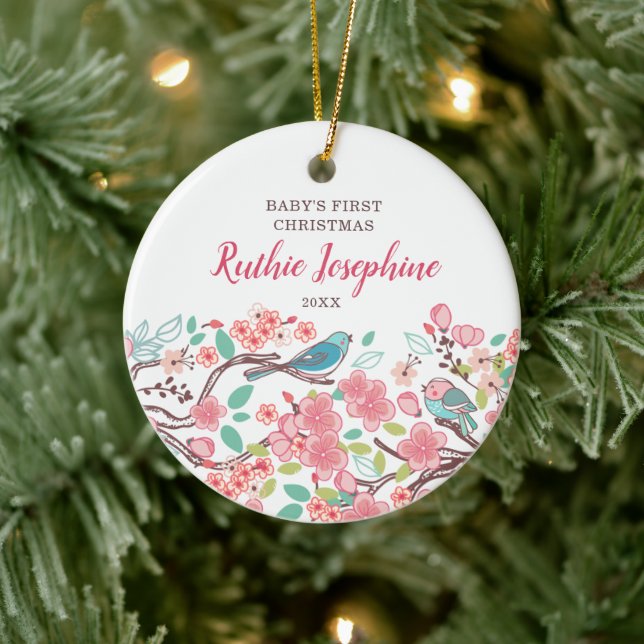 Baby's 1st Christmas Personalised Cute Birds Ceramic Tree Decoration (Tree)