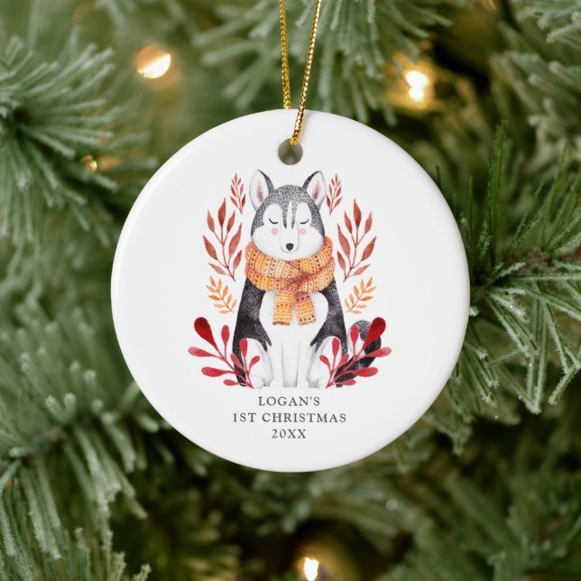 Baby's 1st Christmas Personalized Wolf Dog Husky Ceramic Tree Decoration (Tree)