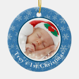 Baby's 1st Christmas Photo Blue / White Snowflakes Ceramic Tree Decoration