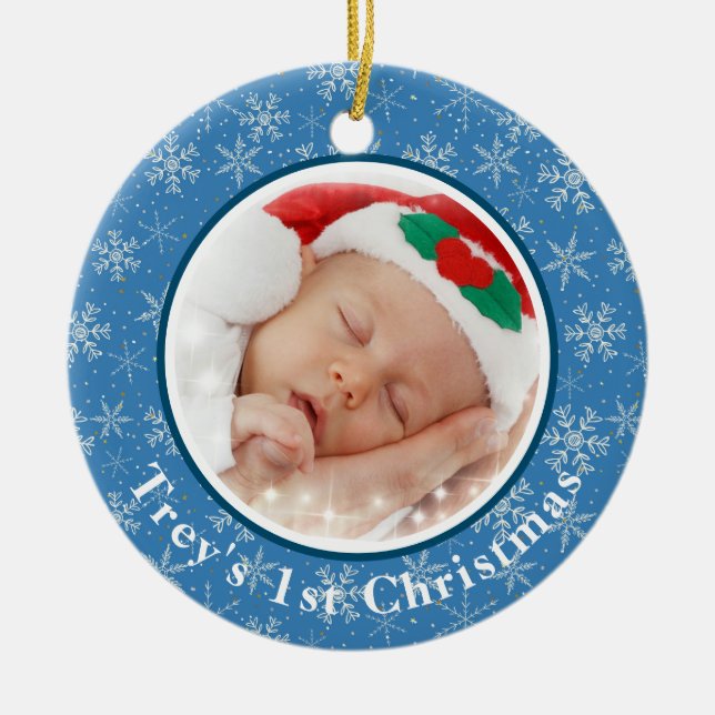 Baby's 1st Christmas Photo Blue / White Snowflakes Ceramic Tree Decoration (Front)