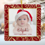 Babys 1st Christmas Photo Burgundy Gold Foliage Ceramic Ornament<br><div class="desc">Celebrate baby's first Christmas with this beautiful keepsake ornament. Easily replace the sample image with your own favourite photo and customise it with baby's name in burgundy red script font and the year below. A white gradient screen helps make the text pop. The photo is set off by an elegant...</div>