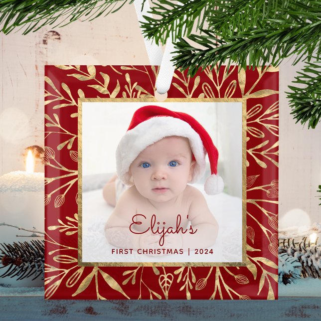 Babys 1st Christmas Photo Burgundy Gold Foliage Glass Tree Decoration (Creator Uploaded)