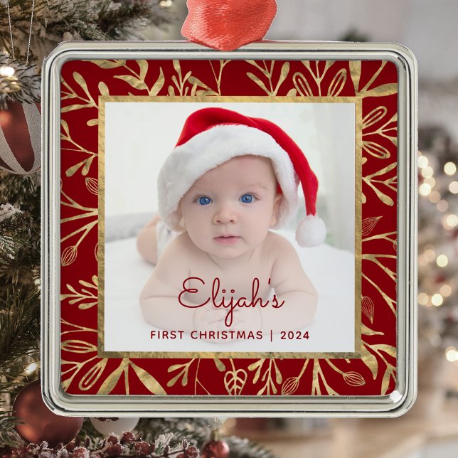Babys 1st Christmas Photo Burgundy Gold Foliage Metal Tree Decoration (Creator Uploaded)
