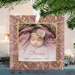 Babys 1st Christmas Photo Dusty Rose Gold Foliage Glass Tree Decoration<br><div class="desc">Celebrate baby's first Christmas with this beautiful keepsake ornament. Easily replace the sample image with your own favourite photo and customise it with baby's name in dusty rose script font and the year below. A white gradient screen helps make the text pop. The photo is set off by an elegant...</div>