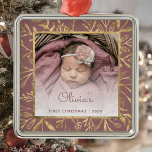 Babys 1st Christmas Photo Dusty Rose Gold Foliage Metal Tree Decoration<br><div class="desc">Celebrate baby's first Christmas with this beautiful keepsake ornament. Easily replace the sample image with your own favourite photo and customise it with baby's name in dusty rose script font and the year below. A white gradient screen helps make the text pop. The photo is set off by an elegant...</div>