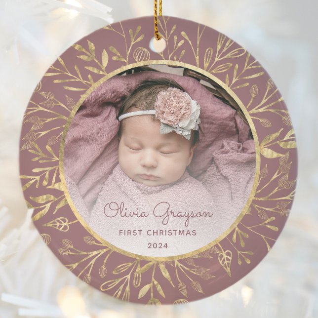 Babys 1st Christmas Photo Dusty Rose Gold Round Ceramic Tree Decoration (Creator Uploaded)